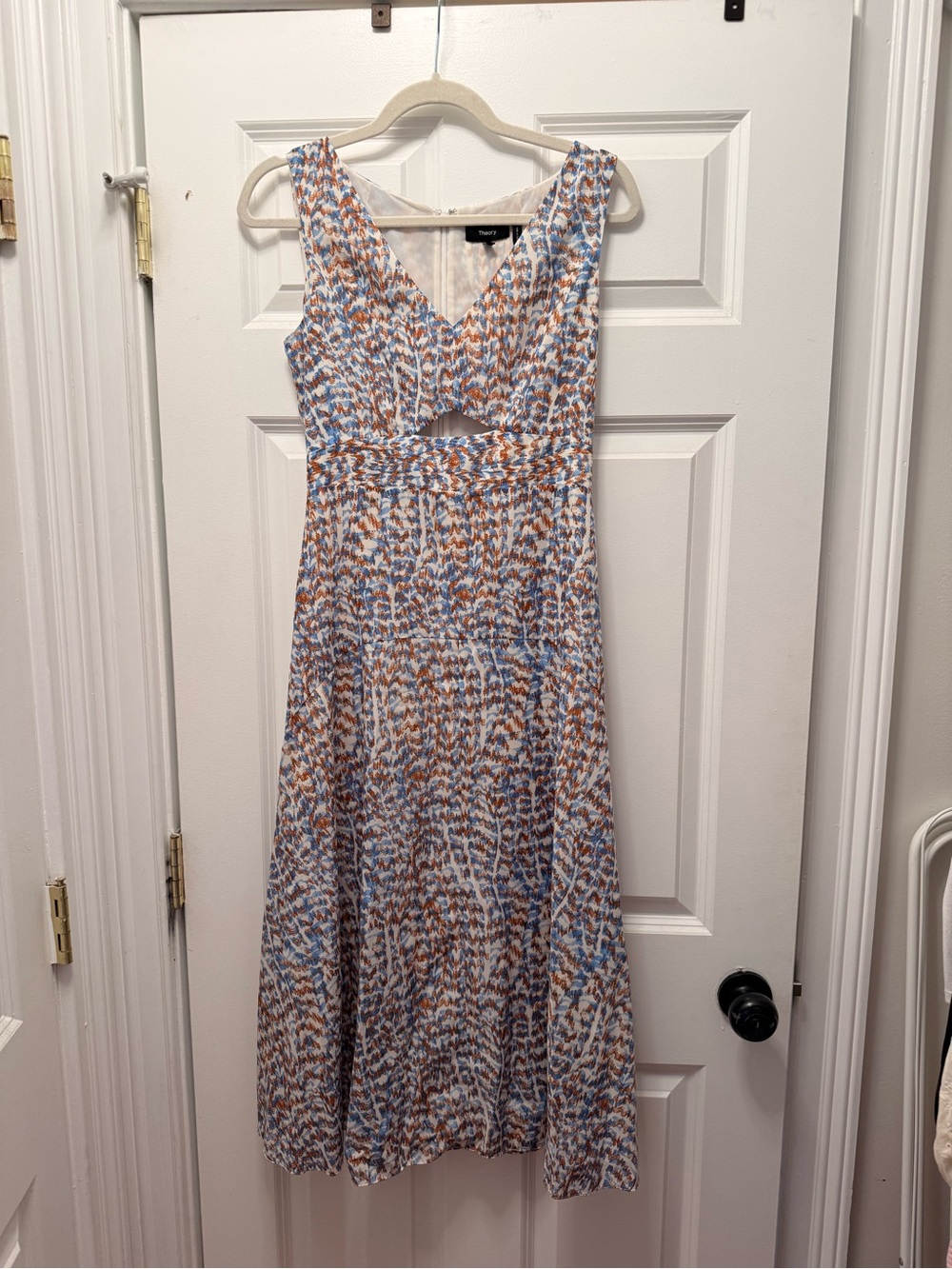 Theory Sleeveless V-Neck Midi Dress in Blue and Brown